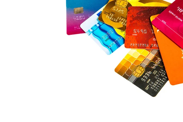 Högen Med Färgglada Olika Kreditkort Vit Bakgrund — Stockfoto