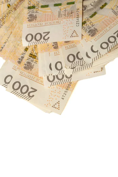 Uma Grande Pilha Notas 200 Zloty Polonesas Fundo Branco Sinônimo — Fotografia de Stock