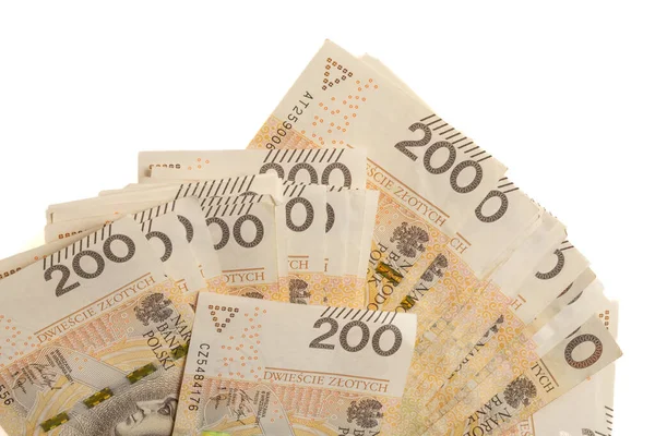 Ein Großer Stapel Polnischer 200 Zloty Banknoten Auf Weißem Hintergrund — Stockfoto