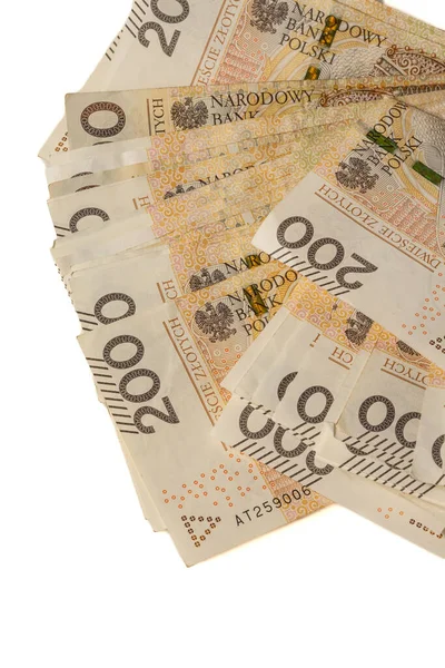 Велика Кількість Польських Банкнот 200 Злотих Білому Тлі Синонім Багатства — стокове фото