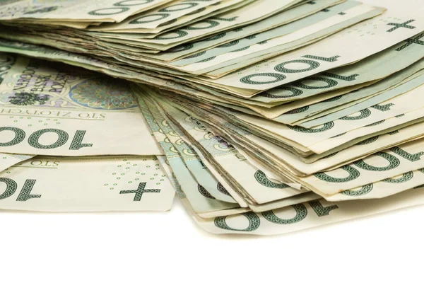 Uma Grande Pilha Notas 100 Zloty Polonesas Sobre Fundo Branco — Fotografia de Stock