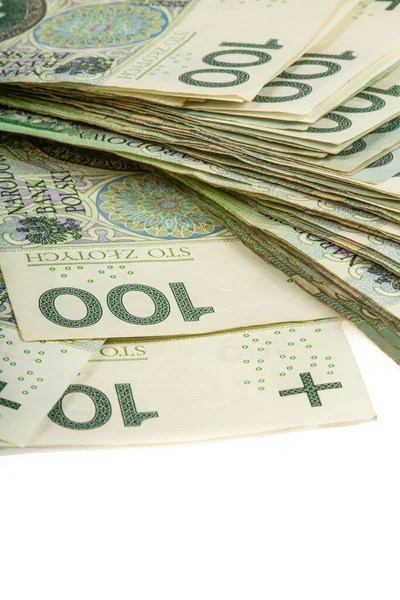 Egy Nagy Halom Lengyel 100 Zloty Bankjegy Fehér Alapon Gazdagság — Stock Fotó