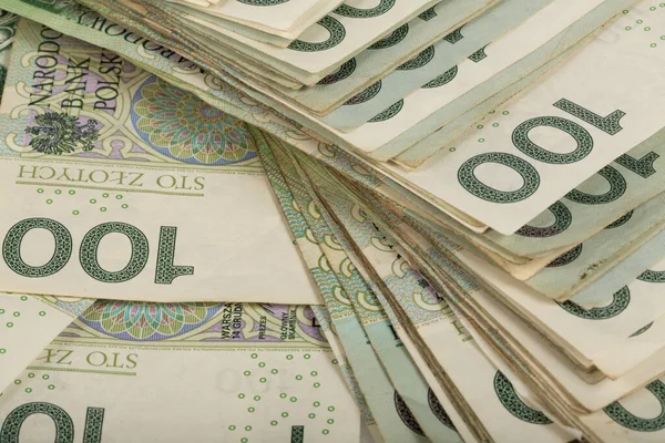 Háttér Közelről Egy Nagy Halom Lengyel 100 Zloty Bankjegy Gazdagság — Stock Fotó