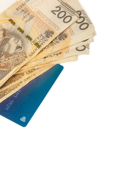 Uma Grande Pilha Notas 200 Zloty Polonesas Cartão Crédito Azul — Fotografia de Stock