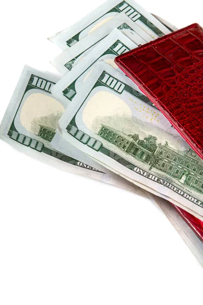 Uang Amerika Dolar Dalam Dompet Merah Dengan Latar Belakang Putih — Stok Foto