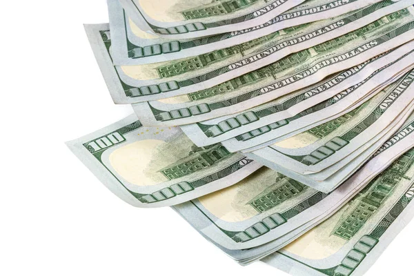 Uma Pilha Notas 100 Dólares Num Fundo Branco Sinônimo Riqueza — Fotografia de Stock