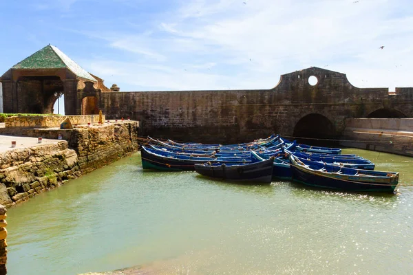Wooden Fishing Boats Moored Old Small Port Essaouira Fort Morocco — Stock Photo, Image