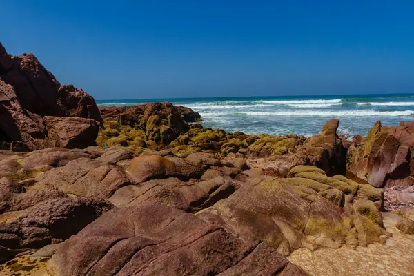 Picturesque Coastal Red Rocks Atlantic Ocean Coast Legzira Beach Ore — Stock Photo, Image