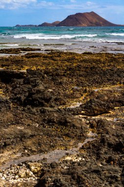 Corralejo Limanı yakınlarındaki Atlantik Okyanusu 'nun kayalık, volkanik kıyı şeridi. Arkadaki Labos adası. Fuerteventura, Kanarya Adaları, İspanya