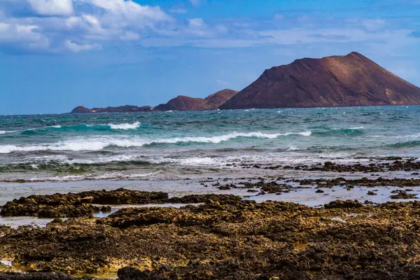 Rocky Volcanic Coastline Atlantic Ocean Port Corralejo Labos Island Background Stock-billede
