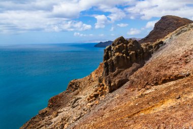 The magnificent volcanic cliffs of the Atlantic Ocean coast near the lighthouse El Faro de la Entallada, Fuerteventura, Canary Islands, Spain clipart