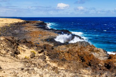 Rocky, volkanik Atlantik Okyanus Kıyısı. Charco de Palo bölgesi. Lanzarote, Kanarya Adaları, İspanya