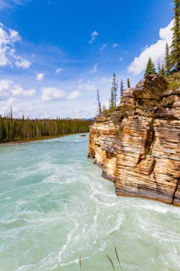 Turkuaz sular Athabasca Nehri ve Athabasca Şelalesi, Jasper Ulusal Parkı, Alberta, Kanada