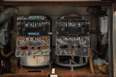 Close-up. The inside of the counter of an old rusty fuel pump. clipart