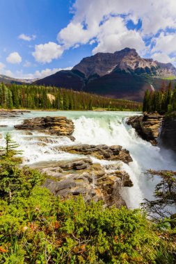 Kayalık dağlarda şelaleler. Arka planda Kerkeslin Dağı 'nın olduğu Picturesque Athabasca Şelalesi. Jasper Ulusal Parkı, Alberta, Kanada