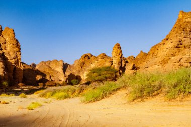 İnanılmaz kızıl kaya oluşumlarının bir görüntüsü. Essendilene Kanyonu, Tadrart Dağları. Tassili N 'Ajjer Ulusal Parkı, Sahra Çölü, Djanet, Cezayir, Afrika