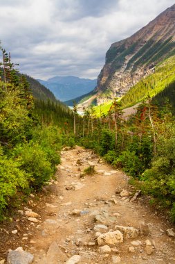 Altı Buzul Ovası 'na yürüyüş yolu. Dağlarda dar bir yol. Rocky Dağları. Banff Ulusal Parkı, Alberta, Kanada