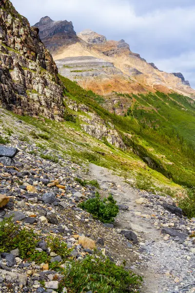 Altı Buzul Ovası 'na yürüyüş yolu. Dağlarda dar bir yol. Rocky Dağları. Banff Ulusal Parkı, Alberta, Kanada