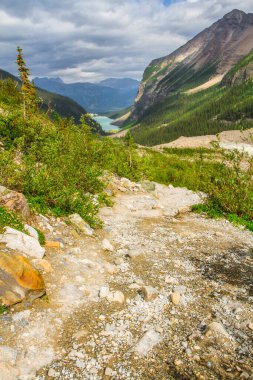 Altı Buzul Ovası 'na yürüyüş yolu. Dağlarda dar bir yol. Rocky Dağları. Banff Ulusal Parkı, Alberta, Kanada