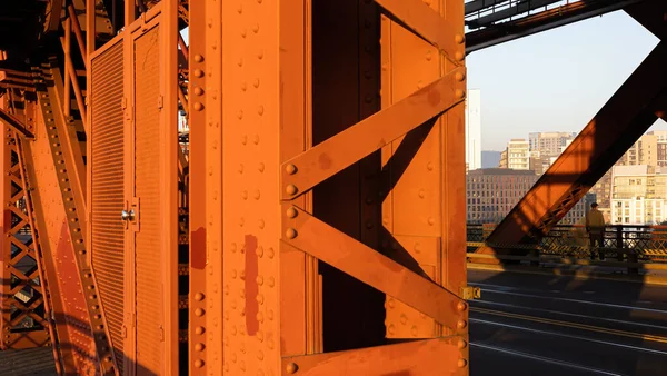 Rode Brug Portland Boerderijen Metalen Voertuig Voetgangersbrug Rood Geschilderd Broadway — Stockfoto