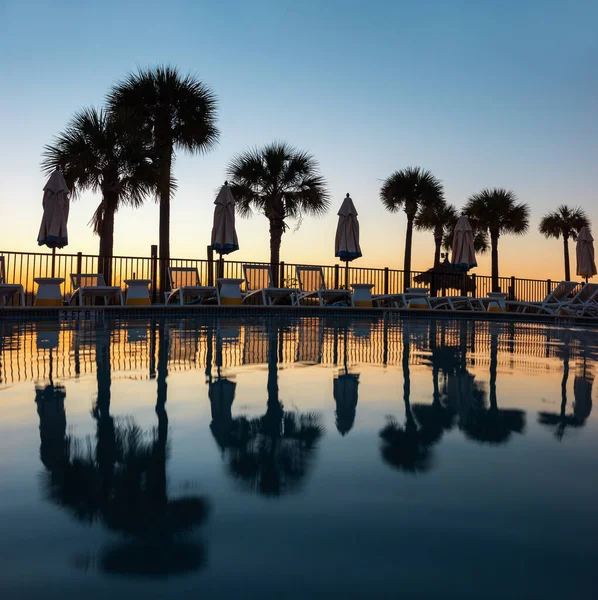 Palm trees and their reflection in the pool during sunset at the beach resort