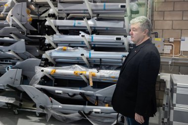 Cyprus, Cyprus - Feb. 20, 2023: Petro Poroshenko, Ukraine's fifth president, inspects a Poseidon drone production facility