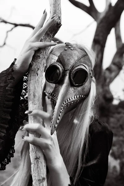 Natures beauty with a touch of mystery. A mystical and captivating image. Blonde woman in a crow mask posing near an old tree in nature, creating an aura of mystery and beauty. Black and white image.