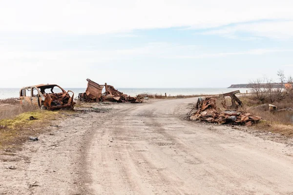 Rămășițele Vehicule Arse Alte Echipamente Militare Ale Ocupanților Ruși Pot — Fotografie, imagine de stoc