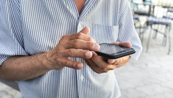 Elderly Man Holds Mobile Phone His Hands Nibbled Nails Close — Stock Photo, Image