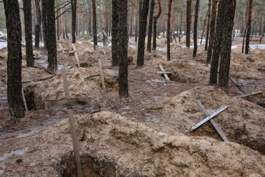 IZIUM, UKRAINE - Mar. 03, 2023: Ukrayna kuvvetleri tarafından geçtiğimiz günlerde Ukrayna 'nın Kharkiv bölgesinde kurtarılan Izium kasabasında mezardan çıkarılan bir orman mezarında haçlar görüldü..