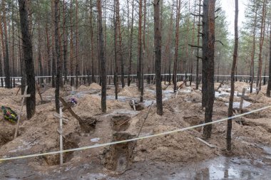 IZIUM, UKRAINE - Mar. 03, 2023: Ukrayna kuvvetleri tarafından geçtiğimiz günlerde Ukrayna 'nın Kharkiv bölgesinde kurtarılan Izium kasabasında mezardan çıkarılan bir orman mezarında haçlar görüldü..