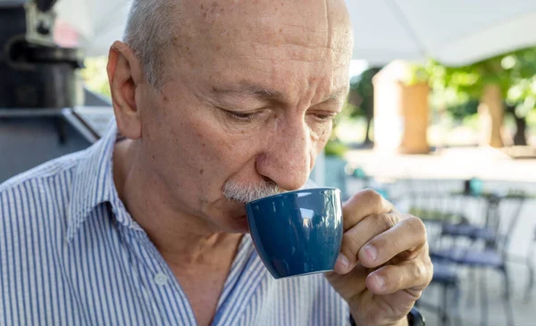Lifestyle Concept Elderly Man Drinking Espresso Coffee Outdoor Cafe Early — Stock Photo, Image