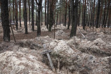 Ukrayna 'nın Kharkiv bölgesindeki Ukrayna güçleri tarafından kurtarılan Izium kasabasındaki mezardan çıkarılan haçlar, bir orman mezarlığında görüldü..