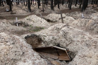 Ukrayna 'nın Kharkiv bölgesindeki Ukrayna güçleri tarafından kurtarılan Izium kasabasındaki mezardan çıkarılan haçlar, bir orman mezarlığında görüldü..