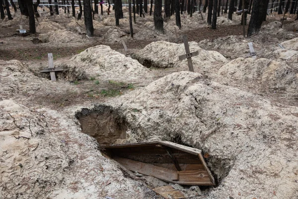 Kreuze Einem Waldgrab Nach Einer Exhumierung Der Stadt Izium Die — Stockfoto