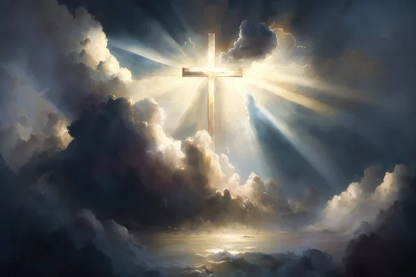 십자가가 빛나는 종교적 믿음의 하늘을 건너라 십자가 하늘에서 빛나네 — 스톡 사진