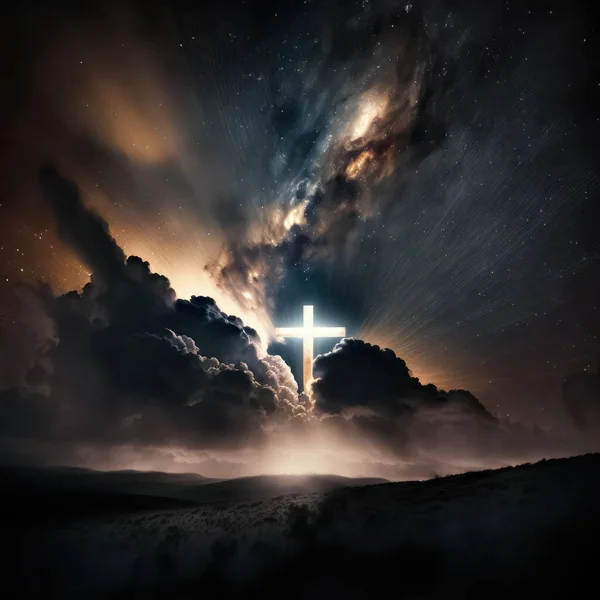 具有神圣十字架光芒的宗教背景 信仰的标志 在天空中交叉 神圣的十字架在天上闪耀 — 图库照片