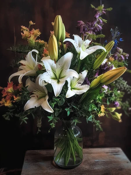 Romantic bouquet with lilies in retro style. The art of flowers arranging