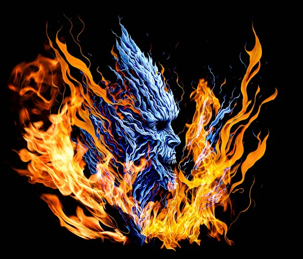 Opposition of fire and ice in the form of a terrifying head isolated on a black background