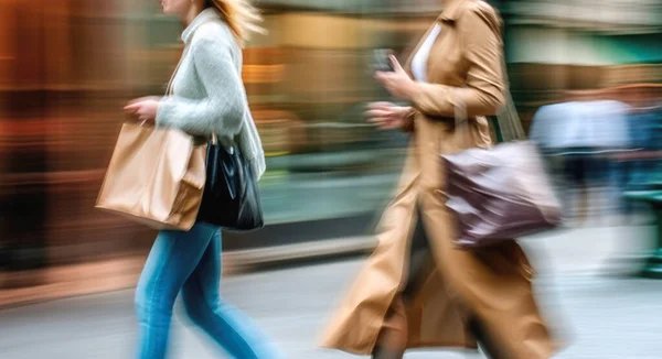 An abstract image of two women with bags in motion on a big city street. Blurred image of city streets on the background. Motion blurred image