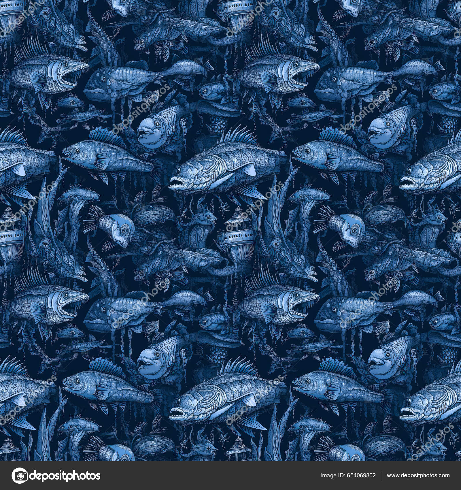 深い海の怪物や魚の暗い青の背景にシームレスな背景 シュールなアートスタイル — ストック写真 © palinchak #654069802, image size:1600x1700