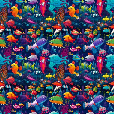 Deniz canavarlarının kusursuz arka planı ve mercan resifinde canlı ve renkli karikatür tarzı olan balıklar..