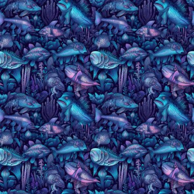 Derin deniz canavarları ve balıkların kusursuz arka planı, Neon mavisi ve menekşe renkleri ile gerçeküstü sanat tarzı.