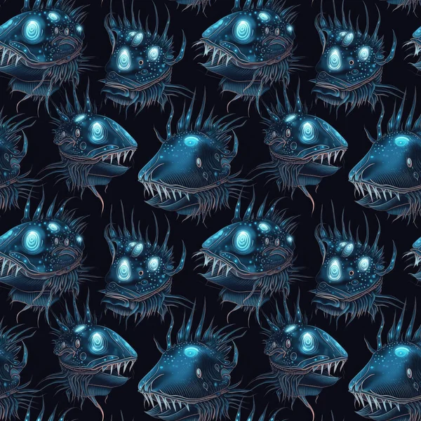 Безшовний Фон Глибоководних Монстрів Риб Темно Синьому Тлі Біолюмінесцентними Рисами — стокове фото