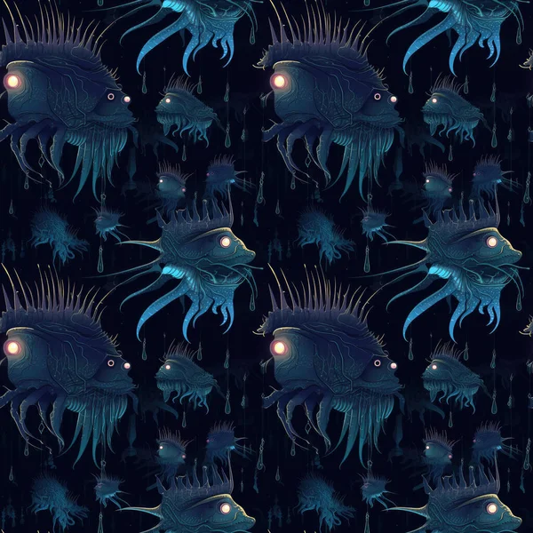 深い海の怪物や魚のシームレスな背景は 生物発光機能を持つ濃い青の背景にあります シュルレアリスム美術 — ストック写真