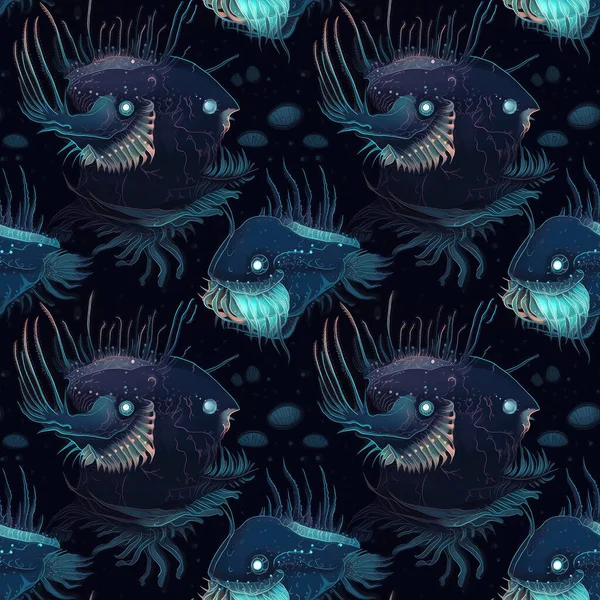 Bezproblémové Pozadí Hlubinných Příšer Ryb Tmavomodrém Pozadí Bioluminiscenčními Rysy Surrealismus — Stock fotografie
