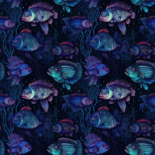 深海鱼类无缝线背景 深蓝色背景 具有生物发光特征 超现实主义艺术风格 — 图库照片