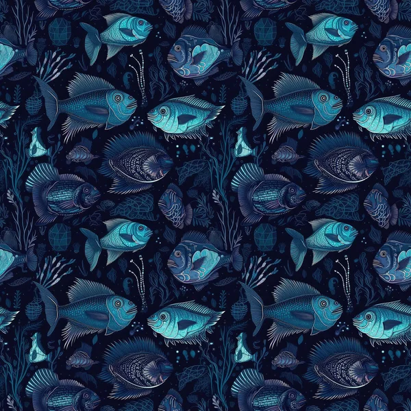 深海鱼类无缝线背景 深蓝色背景 具有生物发光特征 超现实主义艺术风格 — 图库照片