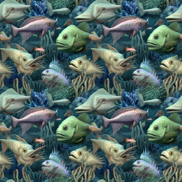Sömlös Bakgrund Djuphavsmonster Och Fisk Modern Surrealistisk Konststil — Stockfoto