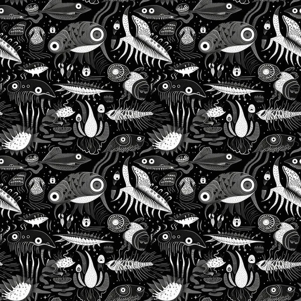 黒を基調とした深い海の怪物や魚のシームレスな背景 現代的なミニマリストの黒と白のアートスタイル — ストック写真